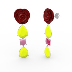Gül Damlası Küpe - Neon sarı akrilik ve pembe kuvars 14 ayar beyaz altın küpe (Kırmızı mineli) #vvgdvs