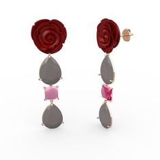 Füme akrilik ve pembe kuvars 8 ayar rose altın küpe (Kırmızı mineli)