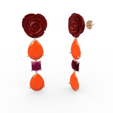 Neon turuncu akrilik ve rodolit garnet 18 ayar rose altın küpe (Kırmızı mineli)