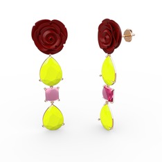 Gül Damlası Küpe - Neon sarı akrilik ve pembe kuvars 18 ayar rose altın küpe (Kırmızı mineli) #y7z9er
