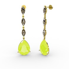 Neon sarı akrilik ve dumanlı kuvars 925 ayar altın kaplama gümüş küpe