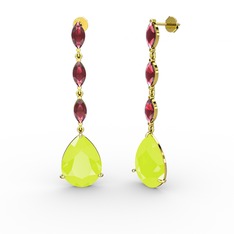 Neon sarı akrilik ve kök yakut 18 ayar altın küpe