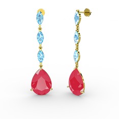 Neon pembe akrilik ve akuamarin 18 ayar altın küpe