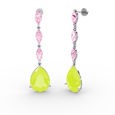 Neon sarı akrilik ve pembe kuvars 18 ayar beyaz altın küpe