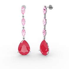 Neon pembe akrilik ve pembe kuvars 18 ayar beyaz altın küpe