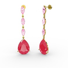 Neon pembe akrilik ve pembe kuvars 8 ayar altın küpe