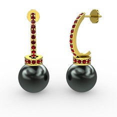 Savina İnci Küpe - Siyah inci ve garnet 8 ayar altın küpe #14j1r15