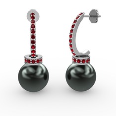 Siyah inci ve garnet 14 ayar beyaz altın küpe