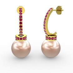 Savina İnci Küpe - Pembe inci ve rodolit garnet 18 ayar altın küpe #1rc2235