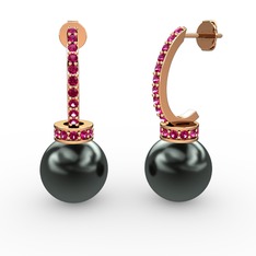 Savina İnci Küpe - Siyah inci ve rodolit garnet 925 ayar rose altın kaplama gümüş küpe #lr21o6