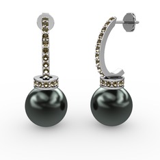 Siyah inci ve dumanlı kuvars 8 ayar beyaz altın küpe