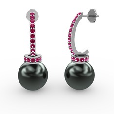 Savina İnci Küpe - Siyah inci ve rodolit garnet 8 ayar beyaz altın küpe #xke5xx