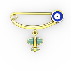 Uçaklı Yuvarlak Nazar İğne - 925 ayar altın kaplama gümüş nazar iğnesi (Lacivert mineli) #1346nf9