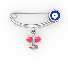 Uçaklı Yuvarlak Nazar İğne - 8 ayar beyaz altın nazar iğnesi (Lacivert mineli) #1548vnr