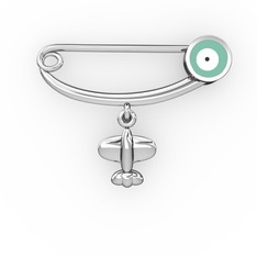 Uçaklı Yuvarlak Nazar İğne - 8 ayar beyaz altın nazar iğnesi (Pastel mavi mineli) #1vkj5kd