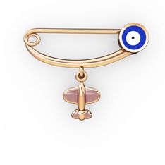 Uçaklı Yuvarlak Nazar İğne - 925 ayar rose altın kaplama gümüş nazar iğnesi (Lacivert mineli) #1yrn87m