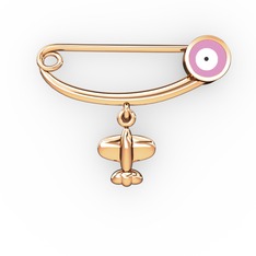 Uçaklı Yuvarlak Nazar İğne - 925 ayar rose altın kaplama gümüş nazar iğnesi (Pembe mineli) #chkast