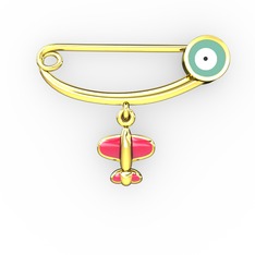 Uçaklı Yuvarlak Nazar İğne - 925 ayar altın kaplama gümüş nazar iğnesi (Pastel mavi mineli) #f939nx