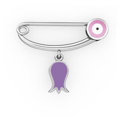 Laleli Yuvarlak Nazar İğnesi - 8 ayar beyaz altın nazar iğnesi (Pastel pembe mineli) #1624y6u