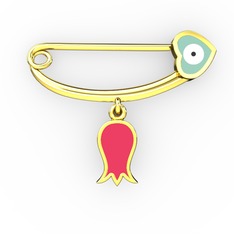 Laleli Kalp Nazar İğnesi - 18 ayar altın nazar iğnesi (Pastel mavi mineli) #15mrn1f