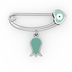 Laleli Kalp Nazar İğnesi - 18 ayar beyaz altın nazar iğnesi (Pastel mavi mineli) #3rlmmi