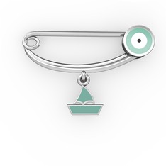 Yelkenli Yuvarlak Nazar İğnesi - 18 ayar beyaz altın nazar iğnesi (Pastel mavi mineli) #13bf2kw