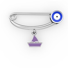 Yelkenli Yuvarlak Nazar İğnesi - 14 ayar beyaz altın nazar iğnesi (Lacivert mineli) #5gl0pm