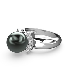 Siyah inci ve swarovski 18 ayar beyaz altın yüzük