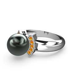 Lina İnci Yüzük - Siyah inci ve sitrin 18 ayar beyaz altın yüzük #1avn92b