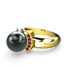 Lina İnci Yüzük - Siyah inci ve rodolit garnet 8 ayar altın yüzük #1d7yoca
