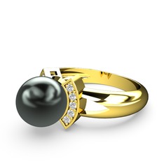Lina İnci Yüzük - Siyah inci ve beyaz zirkon 925 ayar altın kaplama gümüş yüzük #1dee9vb