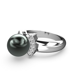Lina İnci Yüzük - Siyah inci ve beyaz zirkon 925 ayar gümüş yüzük #1ioav35