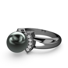 Lina İnci Yüzük - Siyah inci ve pırlanta 925 ayar siyah rodyum kaplama gümüş yüzük (0.11 karat) #1mjb7u4