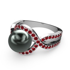 Lima İnci Yüzük - Siyah inci ve garnet 18 ayar beyaz altın yüzük #1p37es1