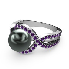 Lima İnci Yüzük - Siyah inci ve ametist 14 ayar beyaz altın yüzük #1w3ltk8