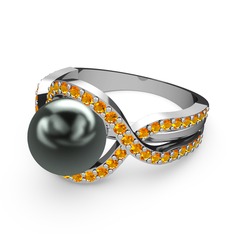 Siyah inci ve sitrin 18 ayar beyaz altın yüzük