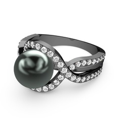 Siyah inci ve swarovski 925 ayar siyah rodyum kaplama gümüş yüzük