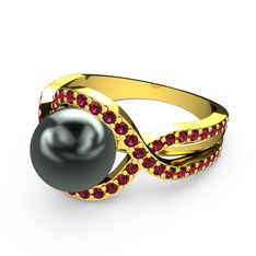 Lima İnci Yüzük - Siyah inci ve rodolit garnet 18 ayar altın yüzük #f70659