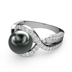 Siyah inci ve pırlanta 8 ayar beyaz altın yüzük (0.616 karat)