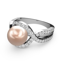 Lima İnci Yüzük - Pembe inci ve swarovski 14 ayar beyaz altın yüzük #r34gc1