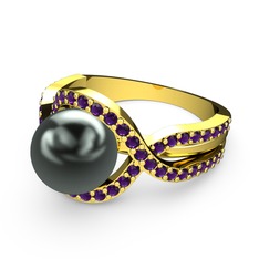 Siyah inci ve ametist 14 ayar altın yüzük