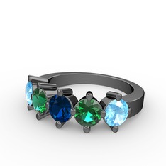 5 Taşlı Yüzük - Lab safir, yeşil kuvars ve akuamarin 925 ayar siyah rodyum kaplama gümüş yüzük #1098q7