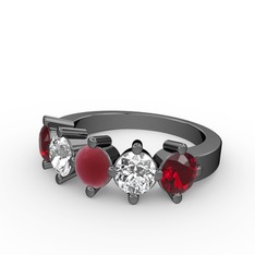 5 Taşlı Yüzük - Kök yakut, pırlanta ve garnet 925 ayar siyah rodyum kaplama gümüş yüzük (1.32 karat) #109hszy