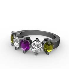 5 Taşlı Yüzük - Ametist, pırlanta ve peridot 925 ayar siyah rodyum kaplama gümüş yüzük (1.32 karat) #10gajbz