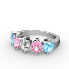 Swarovski, pembe kuvars ve akuamarin 14 ayar beyaz altın yüzük