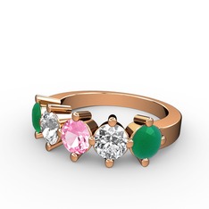 5 Taşlı Yüzük - Pembe kuvars, pırlanta ve kök zümrüt 14 ayar rose altın yüzük (1.32 karat) #10u65cs