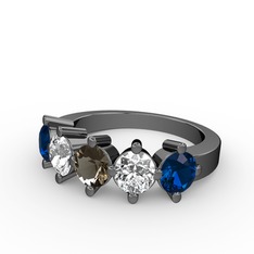 5 Taşlı Yüzük - Dumanlı kuvars, swarovski ve lab safir 925 ayar siyah rodyum kaplama gümüş yüzük #10wv07k