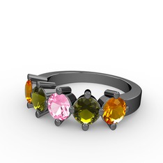 5 Taşlı Yüzük - Pembe kuvars, peridot ve sitrin 925 ayar siyah rodyum kaplama gümüş yüzük #112a5wl