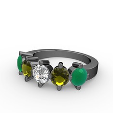5 Taşlı Yüzük - Swarovski, peridot ve kök zümrüt 925 ayar siyah rodyum kaplama gümüş yüzük #11ckhuc