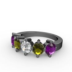 Swarovski, peridot ve ametist 925 ayar siyah rodyum kaplama gümüş yüzük